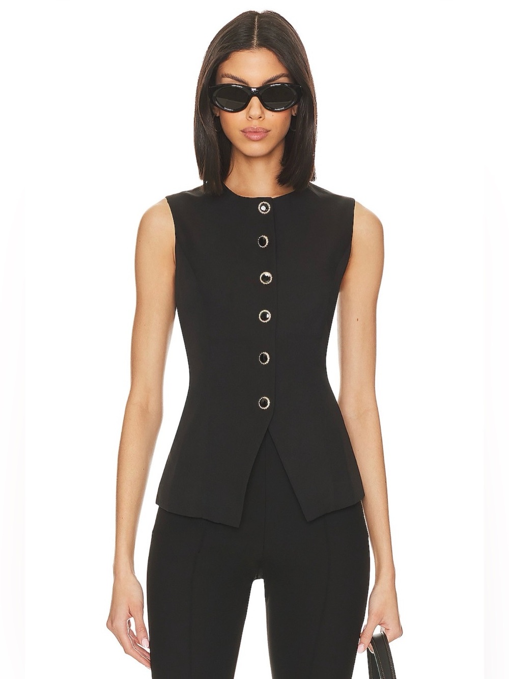 SNDYS x Revolve Emiliana Black Tailored Vest Top Gold Buttons XS